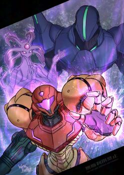 Rule 34 | 1girl, alien, arm cannon, armor, assault visor, commentary request, glowing, helmet, highres, lamorn, metroid, metroid prime 4: beyond, neon trim, nintendo, pauldrons, pink visor, power armor, power suit (metroid), samus aran, science fiction, shoulder armor, shoulder pads, signature, sylux (metroid), varia suit, wakaba (wata ridley), watermark, weapon