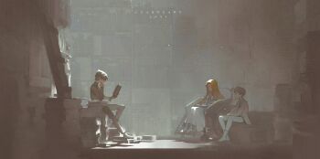 1girl 2boys aged_down black_hair black_jacket black_pants blue_dress book bookshelf brother_and_sister brown_hair child climbing_ladder closed_eyes closed_mouth code_geass cyanpears debris dress hand_on_own_face highres holding holding_book indoors jacket kururugi_suzaku lelouch_vi_britannia library long_hair looking_at_another multiple_boys nunnally_vi_britannia pants reading short_hair siblings sitting very_long_hair wavy_hair wheelchair