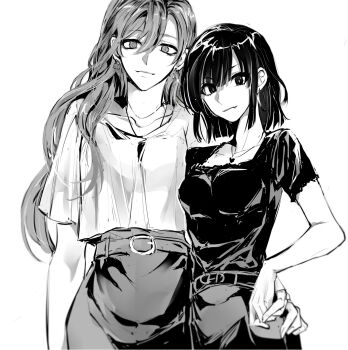2girls arm_around_shoulder belt black_eyes black_shirt bob_cut breasts contrapposto cowboy_shot greyscale han_sooyoung hand_on_another&#039;s_waist head_tilt heart_pendant highres holding_hands long_hair looking_at_viewer monochrome multiple_girls omniscient_reader&#039;s_viewpoint rhyme1863 shirt short_hair short_sleeves smile yoo_sangah yuri