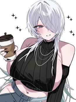 1girl alternate_costume bare_shoulders black_nails black_sweater blue_eyes blush breasts brid_(nikke) clothing_cutout commentary_request cup detached_sleeves disposable_coffee_cup disposable_cup dos_dos121 goddess_of_victory:_nikke hair_over_one_eye highres hip_vent jewelry long_hair midriff navel necklace parted_lips ribbed_sweater sideboob simple_background solo sweater turtleneck turtleneck_sweater very_long_hair white_background white_hair