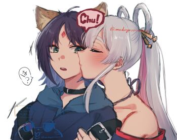 Rule 34 | 2girls, bare shoulders, black choker, blue hoodie, blush, cho kaguya-hime!, choker, commentary, facial mark, forehead mark, green eyes, hair rings, highres, hood, hoodie, imudegozaimasu, kiss, kissing cheek, multiple girls, off shoulder, parted lips, pink streaks, purple hair, runami yachiyo, sakayori iroha, short hair, simple background, speech bubble, translation request, twintails, twitter username, white background, white hair, yuri