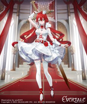 absurdres ahoge armpits artist_name azu-taro belt belt_buckle blue_gem bow bowtie bra breasts buckle center_opening chandelier cleavage closed_mouth copyright_name crown curtains dress elizabeth_(evertale) evertale flower flower_ornament frilled_dress frills garter_straps gem greatsword green_eyes green_gem hair_between_eyes hair_intakes heart high_heels highres holding holding_sword holding_weapon huge_weapon indoors lace lace-trimmed_thighhighs lace_bra lace_trim light_particles linea_alba long_hair looking_at_viewer medium_breasts mini_crown official_art red_belt red_bow red_bowtie red_carpet red_flower red_hair red_rose red_shoes rose shoes silver_crown stairs standing standing_on_one_leg stone_stairs sword thigh_bow thighhighs throne_room tile_floor tiles underwear very_long_hair weapon white_arm_warmers white_bow white_bra white_dress white_flower white_garter_straps white_rose white_thighhighs window wristband