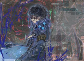 Rule 34 | 2boys, aedd (e.g.o), armband, bags under eyes, beard stubble, black hair, blue coat, censored, censored identity, coat, distortion (project moon), e.g.o (project moon), electricity, facial hair, floating clothes, formal clothes, hand in pocket, hashtag-only commentary, high collar, highres, hohenheim (project moon), id card, jacket, johann (project moon), kalliope orc, lapels, limbus company, long sleeves, looking down, male focus, multiple boys, mustache stubble, necktie, notched lapels, open clothes, open coat, project moon, round eyewear, shirt, short hair, stubble, suit, suit jacket