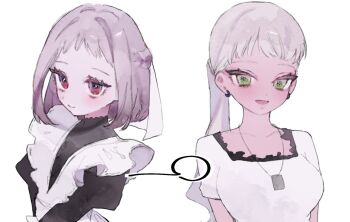 2girls :d braid breasts brown_eyes collarbone commentary dark-skinned_female dark_skin dog_tags earrings frills green_eyes grey_hair half_up_braid jewelry juliet_sleeves kaho_eira kimi_no_koto_ga_dai_dai_dai_dai_daisuki_na_100-nin_no_kanojo long_sleeves maid medium_breasts meido_mai multiple_girls open_mouth ponytail puffy_sleeves short_hair short_sleeves simple_background smile upper_body urouro_u_ron white_background