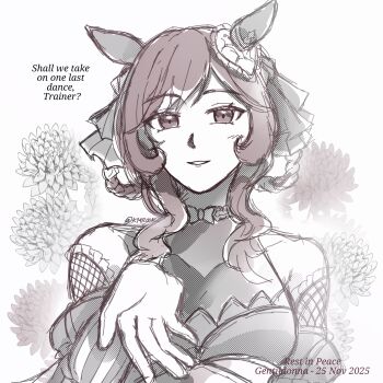 1girl animal_ears braid braided_hair_rings brown_hair commentary ear_covers english_commentary english_text gentildonna_(umamusume) hair_rings heart-shaped_ornament heart_ear_ornament highres horse_ears horse_girl k14r00n rest_in_peace_(phrase) solo umamusume upper_body