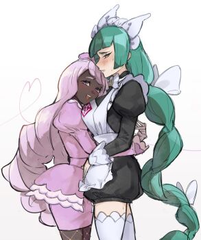 2girls apron black_romper blunt_bangs blush bow bowtie braid braided_ponytail breasts brown_eyes commentary dark-skinned_female dark_skin dress english_commentary fascinator fishnet_pantyhose fishnets from_side gloves gold_ring green_hair heart hug jacinthe_(pokemon) juliet_sleeves lebanne_(pokemon) long_braid long_hair long_sleeves looking_at_viewer low_drills maid maid_apron maid_headdress master_and_servant mega_stone multiple_girls nintendo open_mouth pantyhose pokemon pokemon_legends:_z-a puffy_sleeves purple_dress purple_eyes purple_hair romper simple_background smile sweat tencryingemojis thighhighs tsurime very_dark_skin white_bow white_bowtie white_gloves white_thighhighs yuri