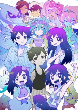 4girls 6+boys antenna_hair aubrey_(headspace)_(omori) aubrey_(omori) basil_(headspace)_(omori) basil_(omori) biscuit_(omori) black_eyes black_hair black_tank_top blue_gloves blue_shirt blue_skin blue_suit book bow bright_pupils brown_eyes brown_hair captain_spaceboy closed_mouth collarbone collared_shirt colored_skin colored_tongue crossed_arms dark-skinned_female dark-skinned_male dark_skin double-parted_bangs doughie_(omori) fingerless_gloves flower forest_bunny_(omori) formal_clothes g_tsurius gloves green_eyes green_hair hair_between_eyes hair_bow head_wreath hector_(omori) hero_(headspace)_(omori) hero_(omori) holding holding_book holding_knife holding_stuffed_toy hot_diggity_dog_(omori) kel_(headspace)_(omori) kel_(omori) knife long_hair long_sleeves looking_at_viewer mari_(headspace)_(omori) mari_(omori) mr._jawsum mr._plantegg_(omori) multiple_boys multiple_girls neckerchief necktie omori omori_(omori) one_eye_closed open_mouth pajamas pet_rock pink_bow pink_eyes pink_hair pinstripe_pattern pinstripe_suit polka_dot polka_dot_bow puffy_short_sleeves puffy_sleeves purple_bow purple_eyes purple_hair purple_shorts purple_sweater_vest purple_tongue red_neckerchief red_necktie sharp_teeth shirt short_hair short_sleeves shorts sidelocks smile sprout_mole striped_clothes striped_pajamas striped_shorts stuffed_eggplant stuffed_toy suit sunglasses sweater_vest sweetheart_(omori) swept_bangs t-shirt tank_top teeth upper_teeth_only vertical-striped_clothes vertical-striped_pajamas vertical-striped_shorts vertical-striped_suit white_pupils white_shirt white_shorts white_skin