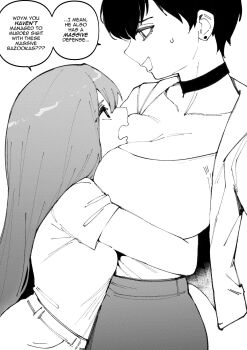 2girls breasts choker cleavage collarbone earrings english_text greyscale height_difference highres hug jewelry large_breasts long_hair melissa_renata monochrome multiple_girls norman_maggot olive_laurentia open_mouth original short_hair skirt speech_bubble sweat