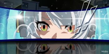 ! !! 1girl anby_demara artist_name bilingual_commentary commentary english_commentary eye_focus game_screenshot_background highres kurimako looking_at_viewer mixed-language_commentary orange_eyes parted_bangs persona persona_3 persona_3_reload persona_eyes reflection screenshot_background short_hair solo white_hair zenless_zone_zero