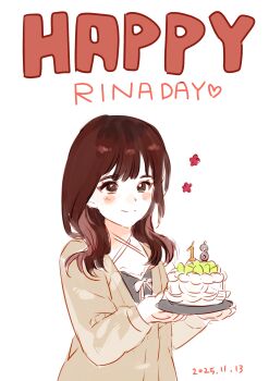 1girl absurdres birthday_cake brown_cardigan cake cardigan commentary dated food habsida_(habsida_hpy) happy_birthday highres long_hair looking_at_viewer multicolored_hair real_life red_hair rina_(voice_actor) roots_(hair) simple_background solo symbol-only_commentary white_background
