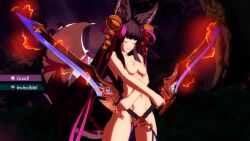 2girls 3d animal_ears animated black_hair breasts erune granblue_fantasy granblue_fantasy_versus:_rising highres multiple_girls nier_(granblue_fantasy) nipples nude nude_filter nude_mod outdoors pink_eyes red_eyes sound tagme tail third-party_edit video yuel_(granblue_fantasy)