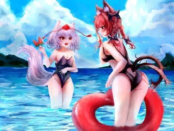 2girls absurdres animal_ear_fluff animal_ears ass black_bow black_one-piece_swimsuit bow braid breasts cat_girl cat_tail cleavage closed_mouth cloud commentary fang food grey_hair groin hair_bow hat heart-shaped_innertube highres holding holding_food holding_popsicle innertube inubashiri_momiji kaenbyou_rin leaning_forward mr_doza multiple_girls multiple_tails one-piece_swimsuit outdoors popsicle red_eyes red_hair red_hat short_hair side_braids skin_fang smile swim_ring swimsuit tail tokin_hat touhou twin_braids two_tails watermelon_bar wolf_ears wolf_girl wolf_tail