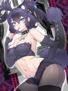 1girl animal_ears bare_shoulders blue_eyes breasts cerberus_(kemono_friends) choker cleavage dog_ears dog_girl elbow_gloves extra_ears eyeshadow fingerless_gloves gloves highres indoors jewelry kemono_friends large_breasts long_hair looking_at_viewer makeup navel necklace pantyhose purple_hair ribbon shivuakichi shorts solo stick strapless tail tube_top twintails