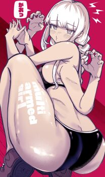 1girl ass bra butt_crack english_text extra_arms highres looking_at_viewer no_pants no_shirt squatting tiger_tiger_8 translation_request underwear white_hair