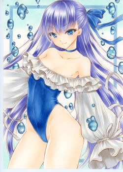 1girl absurdres blue_border blue_choker blue_eyes blue_one-piece_swimsuit blue_ribbon border choker closed_mouth collarbone commentary cowboy_shot frilled_one-piece_swimsuit frills hair_ribbon highres long_hair long_sleeves looking_at_viewer marker_(medium) off-shoulder_one-piece_swimsuit off_shoulder one-piece_swimsuit original outside_border pom77 purple_hair ribbon sleeves_past_fingers sleeves_past_wrists smile solo standing swimsuit thighs traditional_media v-shaped_eyebrows very_long_hair water_drop white_background wispy_bangs