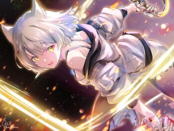 1girl animal_ears bare_shoulders cat_ears cat_girl cowboy_shot dual_wielding highres holding holding_weapon jacket mio_(xenoblade) short_hair solo ui_frara weapon white_hair white_jacket xenoblade_chronicles_(series) xenoblade_chronicles_3 yellow_eyes