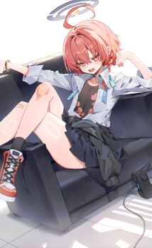 1girl absurdres ahoge armchair black_jacket black_shirt black_socks blue_archive blue_skirt blush bracelet braid chair chinese_commentary clothes_around_waist collared_shirt commentary controller crossed_legs dress_shirt floral_print_shirt foot_out_of_frame game_controller grey_halo hair_between_eyes halo high_tops highres huge_ahoge jacket jacket_around_waist jewelry lastation14 looking_at_viewer neru_(blue_archive) neru_(school_uniform)_(blue_archive) open_clothes open_mouth open_shirt orange_eyes orange_hair pleated_skirt school_uniform shiny_skin shirt shoes side_braid simple_background single_braid sitting_sideways skirt sleeves_rolled_up sneakers socks solo tag v-shaped_eyebrows white_background white_shirt