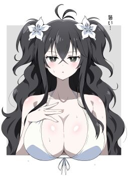 1girl absurdres bikini black_eyes blush breasts bright_pupils cleavage crossed_bangs double-parted_bangs eggman_(ni_tamagoex) flower front-tie_bikini_top front-tie_top fubuki_(senran_kagura) grey_background hair_between_eyes hair_flower hair_ornament hand_on_own_chest highres large_breasts long_hair looking_at_viewer marvelous outside_border pale_skin parted_lips senran_kagura senran_kagura_new_link shoulder_blush solo sweat swimsuit translation_request twintails upper_body very_sweaty wavy_hair white_bikini white_flower white_pupils