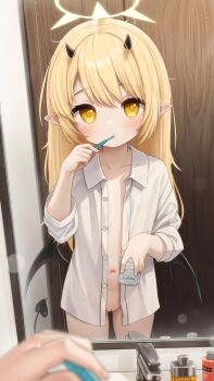 1girl absurdres black_horns black_wings blonde_hair blue_archive commentary comodox demon_horns demon_tail demon_wings english_commentary flat_chest halo highres holding horns ibuki_(blue_archive) loli long_hair navel open_clothes open_shirt paid_reward_available pointy_ears shirt tail toothbrush variant_set white_shirt wings yellow_eyes