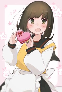 Rule 34 | 1girl, :d, absurdres, alternate sleeve length, anchor symbol, apron, black sailor collar, black skirt, blue neckerchief, blush, box, brown hair, commentary request, cowboy shot, dated, dutch angle, floral background, frilled apron, frills, fubuki (kancolle), fubuki kai ni (kancolle), gift, green eyes, hair down, heart-shaped box, highres, holding, holding gift, jewelry, kantai collection, long sleeves, looking at viewer, ma rukan, medium hair, neckerchief, official alternate hairstyle, open mouth, pink background, pleated skirt, ring, sailor collar, shirt, sidelocks, skirt, smile, solo, valentine, white background, white shirt, yellow apron