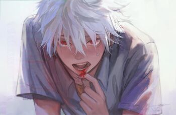 1boy blood blood_from_mouth blood_on_hands collared_shirt commentary english_commentary eyelashes fingernails highres jie_deng looking_at_viewer male_focus mouth_pull nagisa_kaworu neon_genesis_evangelion open_mouth red_eyes school_uniform shirt short_hair short_sleeves signature simple_background solo teeth tokyo-3_middle_school_uniform twitter_username white_background white_hair white_shirt yellow_shirt