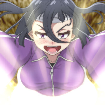 1girl bandaged_hand bandages black_hair blush breasts collarbone fangs jacket large_breasts light_rays long_hair long_sleeves looking_at_viewer open_mouth purple_eyes purple_jacket skirt smile t_jiroo_(ringofriend) teeth track_jacket upper_body white_skirt wind wind_lift yamada_tae zombie_land_saga