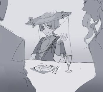 1boy 1girl armor blunt_ends bodysuit cnorkie cup curly_sidelocks elbow_rest food fork genshin_impact glass grey_background greyscale hand_up hat highres japanese_armor japanese_clothes jewelry jingasa kimono kote layered_sleeves looking_at_another looking_at_viewer meat monochrome napkin neck_ring open_clothes open_hand open_kimono open_mouth plate rope scaramouche_(genshin_impact) shimenawa short_sleeves sitting sketch table table_knife tassel tsurime veil wispy_bangs