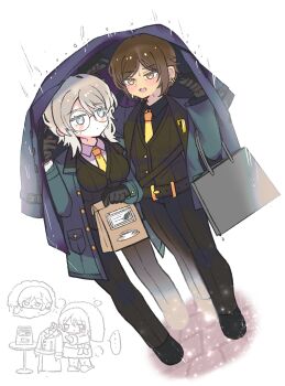 2girls bag black_gloves black_pants black_shirt blue_eyes breasts brown_hair brown_vest chibi chibi_inset closed_mouth collared_shirt dark-skinned_female dark_skin faust_(project_moon) full_body glasses gloves green_jacket highres holding holding_bag jacket large_breasts limbus_company long_sleeves looking_at_another multiple_girls necktie njaja_kanja outis_(project_moon) pants project_moon rain round_eyewear seven_association_south_uniform shirt short_hair simple_background standing vest white_background white_hair white_shirt yellow_eyes yellow_necktie