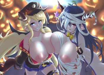 2girls antenna_hair asymmetrical_docking bandage_over_one_eye bandaged_arm bandaged_head bandaged_leg bandages black_gloves black_hair black_headwear blonde_hair blue_eyes bow bowtie breast_press breasts breasts_out collarbone cream_cod danua draph fingerless_gloves from_above gloves granblue_fantasy grin hair_between_eyes hair_ornament hairpin hallessena halloween hat highres horn_ornament horns huge_breasts inverted_nipples jack-o'-lantern large_areolae long_hair looking_at_viewer low_twintails military_hat multiple_girls open_mouth peaked_cap pleated_skirt pointy_ears puffy_nipples red_eyes shiny_skin skirt smile star_(symbol) teeth top_pull twintails yellow_bow
