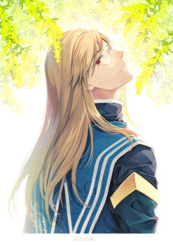 Rule 34 | 1boy, blue capelet, blue gloves, blue jacket, branch, brown hair, capelet, commentary, elbow gloves, flower, from behind, glasses, gloves, high collar, highres, jacket, jade curtiss, long hair, looking at viewer, looking up, male focus, parted lips, profile, red eyes, shuragyoku mami, solo, tales of (series), tales of the abyss, upper body, watermark, white background, yellow flower