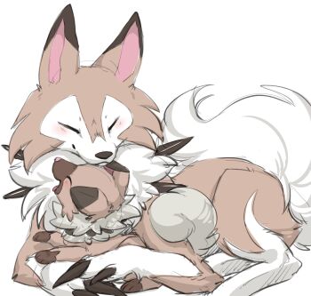 blush closed_eyes closed_mouth commentary_request dog evolutionary_line gen_7_pokemon highres ingi lycanroc lycanroc_(midday) nintendo no_humans open_mouth pokemon pokemon_(creature) pokemon_focus rockruff simple_background smile tongue tongue_out white_background wolf