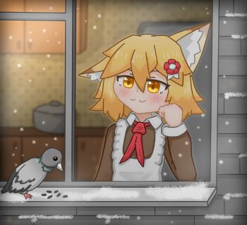 1girl :3 animal_ears bird cold commentary dove eirlay english_commentary fox_ears fox_girl highres maid outdoors pigeon senko_(sewayaki_kitsune_no_senko-san) sewayaki_kitsune_no_senko-san snow snowflakes snowing soviet winter