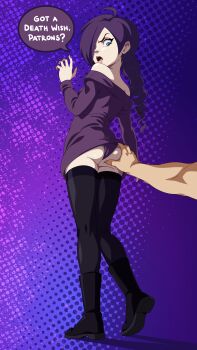 Rule 34 | absurdres, angry, blue eyes, boots, english text, groping, highres, looking back, open mouth, original, panties, purple background, purple hair, purple panties, purple shirt, shirt, simple background, underwear, zone-tan, zone (artist)