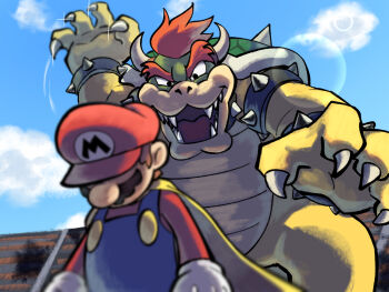 2boys blue_overalls blue_sky bowser bracelet brown_hair cape cloud covered_eyes day facial_hair gloves hat highres jewelry male_focus mario mario_(series) multiple_boys mustache newsboy_cap nintendo official_style open_mouth outdoors overalls red_hair red_hat red_shirt sharp_teeth shirt short_hair sky spiked_bracelet spikes super_mario_bros_z teeth white_gloves yamari_(ya_mari_6363) yellow_cape