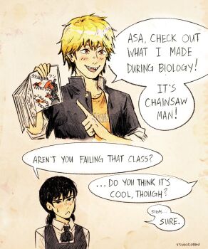 1boy 1girl black_eyes black_hair blonde_hair book chainsaw_man denji_(chainsaw_man) dress english_text fourth_east_high_school_uniform gakuran highres holding holding_book mitaka_asa orange_eyes orange_shirt pinafore_dress school_uniform sharp_teeth shirt short_hair sleeveless sleeveless_dress speech_bubble sweatdrop teeth tsukirobin