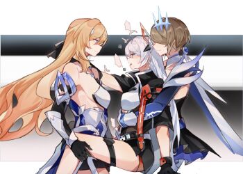 3girls armor armored_dress bare_shoulders black_dress black_gloves black_jacket black_shorts black_thighhighs blonde_hair blue_dress blue_eyes box brown_hair brown_shoes collarbone commentary dress durandal_(bright_knight:_excelsis)_(honkai_impact) durandal_(honkai_impact) elbow_gloves from_side garter_straps gauntlets gift gift_box gloves greaves hair_ornament hair_over_one_eye highres holding holding_gift holding_hands honkai_(series) honkai_impact_3rd incest jacket kiana_kaslana kiana_kaslana_(void_drifter) layered_dress long_hair multiple_girls pantyhose pink_eyes rita_rossweisse rita_rossweisse_(argent_knight:_artemis) shiying_no_yao shoes short_hair shorts siblings simple_background single_garter_strap single_thighhigh sisters standing symbol-only_commentary thighhighs very_long_hair white_background white_hair white_pantyhose yellow_eyes