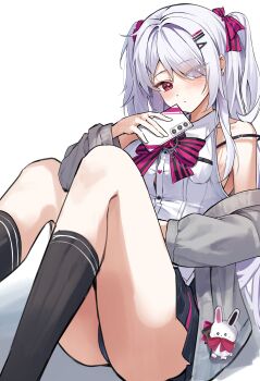 1girl absurdres ass bare_shoulders black_panties black_skirt black_socks bow bowtie bra_strap button_gap buttons collared_shirt commission eyes_visible_through_hair grey_jacket hair_bow hair_ornament hair_over_one_eye hairclip highres holding holding_phone jacket kimae kneehighs knees_up long_hair long_sleeves looking_at_viewer miniskirt off_shoulder open_clothes open_jacket original panties phone pleated_skirt red_eyes riche_leilani second-party_source shirt simple_background sitting skirt sleeveless sleeveless_shirt socks solo strap_slip thighs two_side_up underwear very_long_hair white_background white_hair white_shirt