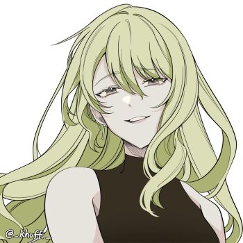 Rule 34 | 1girl, black shirt, commentary, earrings, green hair, highres, honkai (series), honkai impact 3rd, jewelry, khuffi, long hair, looking at viewer, mobius (honkai impact), mobius (pre-surgery) (honkai impact), shirt, simple background, sleeveless, sleeveless shirt, solo, turtleneck, turtleneck shirt, twitter username, upper body, very long hair, white background