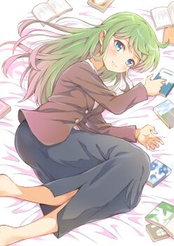 1girl absurdres aqua_eyes bed_sheet black_skirt book brown_coat closed_mouth coat commentary_request from_above green_hair highres jikkyou_powerful_pro_yakyuu long_hair long_sleeves looking_at_viewer lying nozaki_iori on_bed on_side open_book pawahotel3021 power_pro_kun_pocket power_pro_kun_pocket_9 shirt skirt solo white_shirt