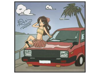 1girl 2020 20s animal arm_behind_head arm_support arm_up attan_(irohiza) bird blue_eyes blush bow brown_hair brown_shirt car cloud collarbone dated grey_shoes hair_bow highres irohiza january long_hair looking_at_viewer midriff motor_vehicle navel nissan nissan_pulsar ocean on_car original palm_tree photo_(object) red_bow red_skirt road shirt shoes sitting skirt sky sleeveless sleeveless_shirt smile tree water