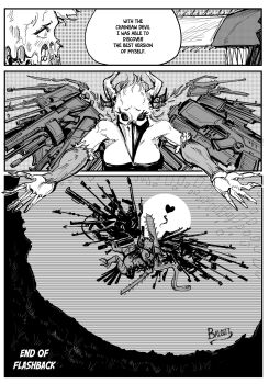 artist_name chainsaw chainsaw_devil chainsaw_man extra_arms facing_to_the_side gun gun_wings hair_between_eyes hetero highres horns husband_and_wife intestine_clothing intestines monochrome no_eyes open_mouth ringed_eyes simple_background victorbalgitt weapon yoru_(chainsaw_man)