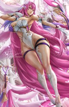 1girl adapted_costume artist_name bell boots bow_(weapon) breasts bridal_veil cameltoe commentary covered_navel diamond-shaped_pupils diamond_(shape) elf elysia_(herrscher_of_human:_ego)_(honkai_impact) elysia_(honkai_impact) gloves honkai_(series) honkai_impact_3rd large_breasts leotard long_hair paid_reward_available patreon_username pink_hair pointy_ears purple_eyes solo supullim symbol-shaped_pupils thigh_strap thighs veil very_long_hair weapon white_boots white_gloves white_leotard white_veil