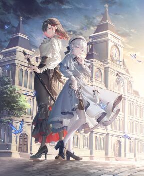 Rule 34 | 2girls, beret, black hair, black pantyhose, black shoes, black skirt, blue butterfly, blue dress, braid, bug, butterfly, closed mouth, commentary request, cover, cover image, dress, finger to mouth, floating hair, full body, gun, hat, high heels, highres, holding, holding gun, holding sword, holding weapon, insect, long hair, long sleeves, looking at viewer, multicolored hair, multiple girls, novel illustration, official art, outdoors, pantyhose, parted lips, red eyes, red hair, second-party source, shirt, shoes, shushing, skirt, sky, smile, standing, streaked hair, sword, thighhighs, toosaka asagi, twin braids, very long hair, weapon, white hair, white hat, white shirt, white thighhighs