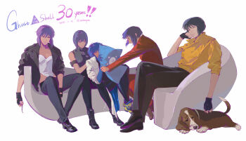 5girls absurdres aizheajsee anniversary black_hair black_jacket black_pants commentary_request dog ghost_in_the_shell ghost_in_the_shell:_sac_2045 ghost_in_the_shell:_stand_alone_complex ghost_in_the_shell_arise highres in-franchise_crossover jacket kusanagi_motoko leotard leotard_under_clothes multiple_girls pants petting purple_hair red_jacket short_hair simple_background the_ghost_in_the_shell white_jacket yellow_jacket