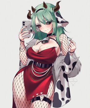 1girl absurdres animal_ears animal_print bell black_sclera breasts cellphone cleavage closed_mouth colored_sclera commentary cow_ears cow_girl cow_horns cow_print cow_print_jacket cowbell crelly crelly_(dress) dress fishnet_pantyhose fishnet_sleeves fishnets green_hair grey_eyes grey_sclera hairband heterochromia highres horns indie_virtual_youtuber jacket large_breasts long_hair miiikaccino mismatched_sclera mole mole_under_mouth pantyhose phone print_jacket red_dress red_eyes red_nails smartphone solo thigh_strap thighs untranslatable_commentary virtual_youtuber white_background wide_hips