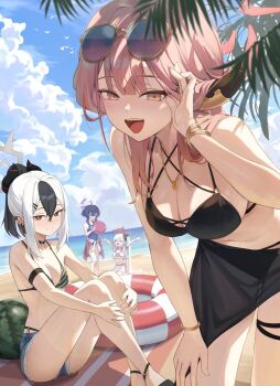 4girls alternate_costume arm_strap aru_(blue_archive) bangle beach beach_mat bikini bikini_bottom_under_shorts bikini_under_clothes bird black_bikini black_choker black_hair black_horns black_sarong blue_archive blue_one-piece_swimsuit blue_shorts blue_sky bracelet breasts bright_pupils brown_horns choker closed_eyes closed_mouth cloud commentary_request cowboy_shot criss-cross_halter crossed_ankles cumulonimbus_cloud day demon_horns double-parted_bangs ear_piercing earclip eyewear_on_head feet_out_of_frame food frilled_bikini frills fruit grey_hair grey_halo hair_between_eyes hair_ornament hairpin halo halterneck hand_on_own_knee haruka_(blue_archive) high_ponytail highres horizon horns innertube jewelry jw_(wrdawrda) kayoko_(blue_archive) knees_up korean_commentary large_breasts leaning_forward legs light_blush long_hair looking_at_viewer medium_breasts multicolored_hair multiple_girls multiple_hairpins mutsuki_(blue_archive) navel necklace o-ring o-ring_choker ocean old_school_swimsuit one-piece_swimsuit open_mouth outdoors outstretched_arms palm_leaf piercing pink_hair pink_halo ponytail problem_solver_68_(blue_archive) purple_hair purple_halo red_eyes red_halo sarong school_swimsuit see-through_clothes see-through_sarong shore shorts sidelocks sitting skirt sky smile spread_arms standing string_bikini sunglasses swim_ring swimsuit thigh_strap tongue two-tone_hair upper_body watermelon white_bikini white_bird white_hair white_pupils white_skirt yellow_eyes