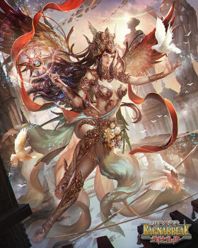 1girl bird bird_wings black_hair breasts closed_mouth commentary_request copyright_logo dove floating green_eyes highres holding holding_scepter kdash large_breasts logo long_hair looking_at_viewer official_art revealing_clothes scepter shinma_x_keishou!_ragnabreak solo statue sun very_long_hair wings