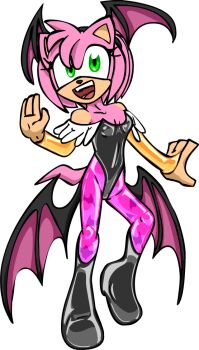 amy_rose animal_ears animal_print ankle_boots bare_shoulders bat_print bat_wings black_boots black_leotard boots breasts cleavage collarbone commentary cosplay darkstalkers demon_wings elbow_gloves english_commentary feather_trim feathers fingerless_gloves gloves gold_gloves green_eyes hairband hand_up head_wings leotard medium_breasts morrigan_aensland morrigan_aensland_(cosplay) open_mouth palm-fist_greeting pink_fur pink_hair print_thighhighs purple_thighhighs shennanigma short_hair simple_background smile sonic_(series) tail teeth thighhighs tongue upper_teeth_only white_background wings