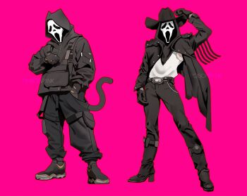 black_footwear black_gloves black_pants cowboy_hat fringe_trim ghost_mask ghostface gloves hat highres long_sleeves looking_at_viewer pants pink_background poisonp1nk scream_(movie)