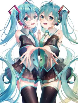 2girls aqua_eyes aqua_hair aqua_nails aqua_necktie aqua_trim arm_tattoo black_skirt black_sleeves blush collared_shirt detached_sleeves hair_between_eyes hair_ornament hatsune_miku headset highres long_hair long_sleeves looking_at_viewer miniskirt multiple_girls necktie number_tattoo open_mouth pleated_skirt poco. shirt skirt sleeveless sleeveless_shirt smile tattoo thick_thighs thighhighs thighs twintails twintails_day very_long_hair vocaloid white_shirt wide_sleeves zettai_ryouiki